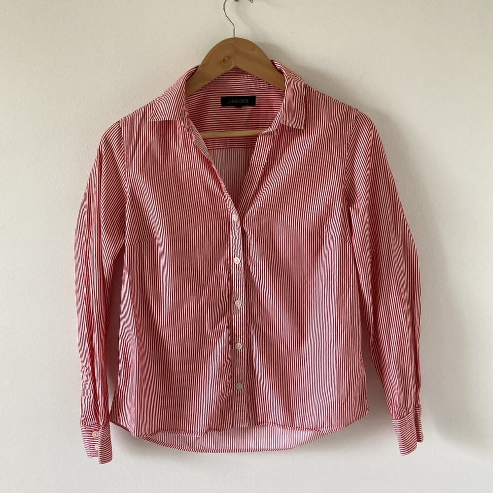 1980s Vintage Jaeger Red and White Fine Striped Fitted Collared Blouse UK Sz 10 - Picture 5 of 15